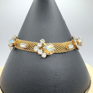 Vintage Mesh Rhinestone Bracelet Gold Tone AB Aurora Borealis 7”